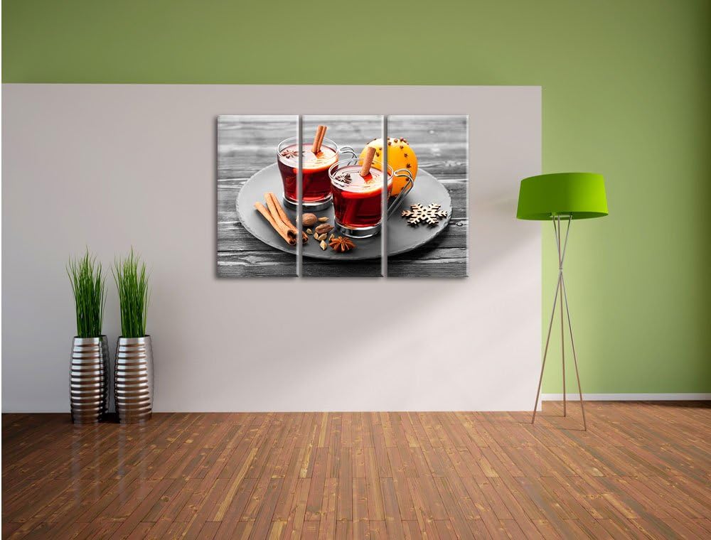 Pixxprint Aromatischer Glühwein mit Zimt Schwarz/Weiss 3-Teiler Leinwandbild 120x80 Bild auf Leinwan