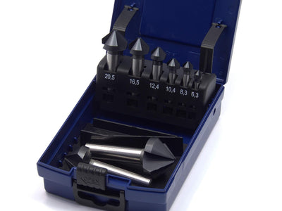 WSH-TOOLS Kegelsenker Set 8-teilig AlTiN-beschichtet 6,3 mm - 31mm HSS-G 90° Winkel in Rosebox mit S