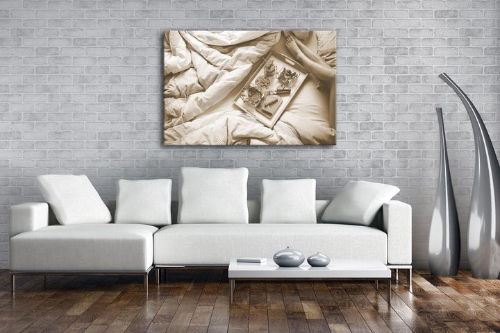 deyoli gesundes Frühstück im Bett Format: 80x60 Effekt: Sepia als Leinwand, Motiv fertig gerahmt auf