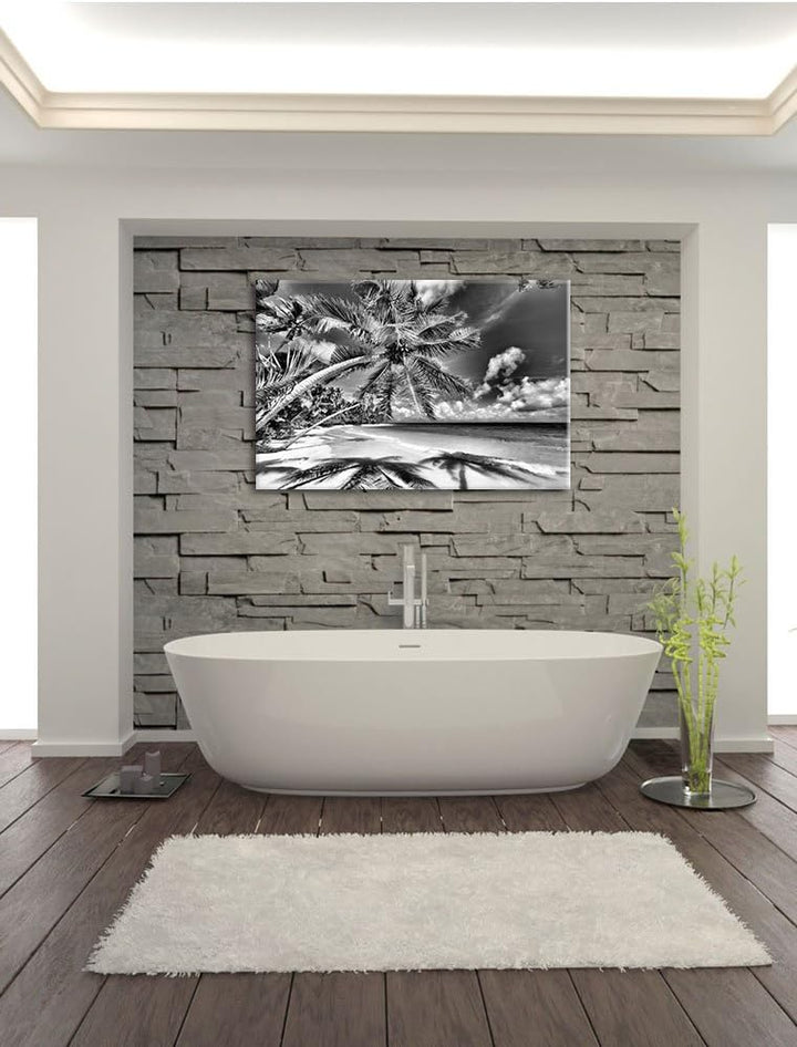 Monocrome, Palmenstrand, Format: 100x70 auf Leinwand, XXL riesige Bilder fertig gerahmt mit Keilrahm