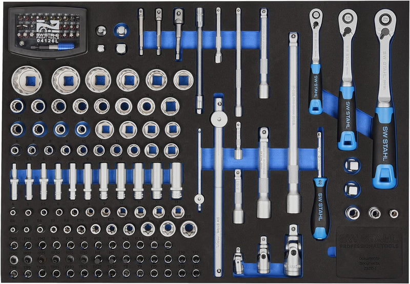 SW-Stahl Z3011-1 Werkstattwagensortiment, Steckschlüssel 1/4“, 3/8“, 1/2“, mit Ratschen, 167-teilig