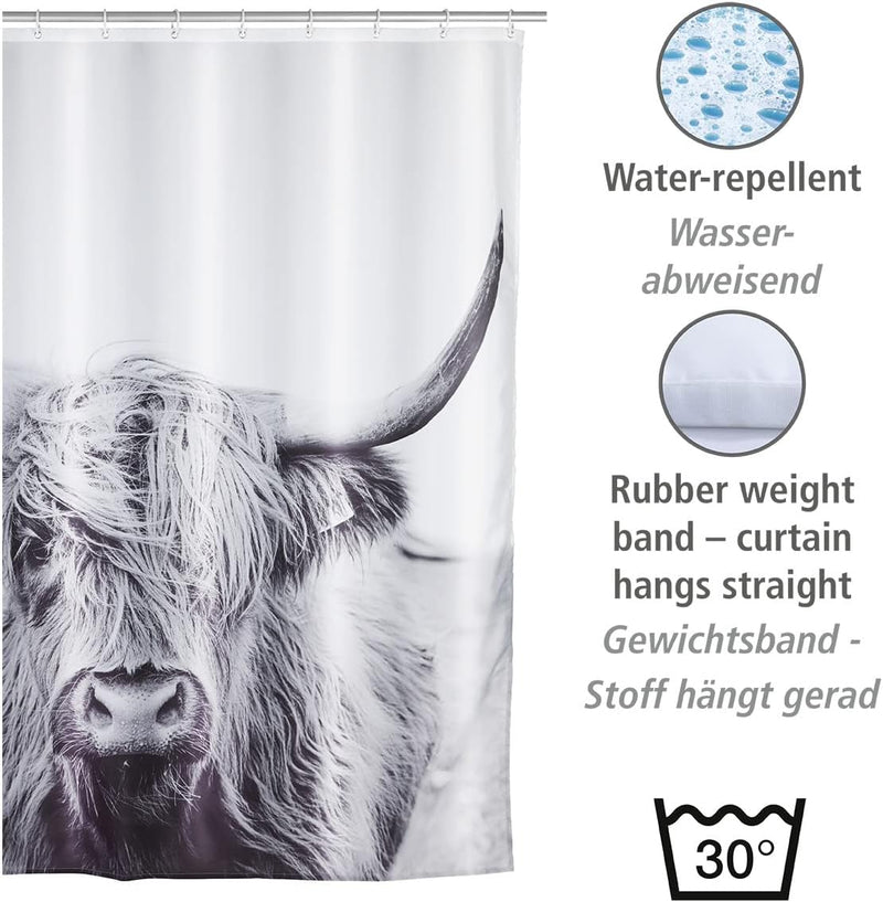 WENKO Duschvorhang Yak, hygienischer Textil-Vorhang, waschbar, wasserabweisend & pflegeleicht, mit 1