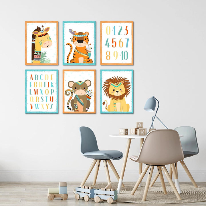 FERTIG ZUM AUFHÄNGEN Wandbilder Set - Babyzimmer Junge Mädchen - Kinderzimmer Poster Tiere - Indiane