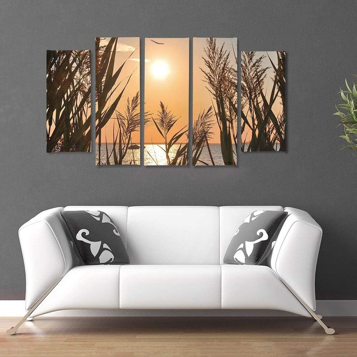 Feeby Frames, Leinwandbild Bilder Wand Bild - 5 Teile - Wandbilder Kunstdruck (SONNENUNTERGANG, GOLD