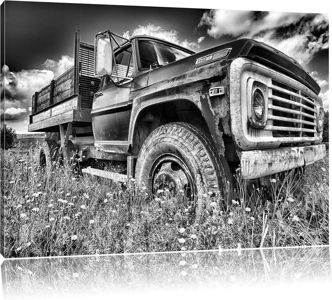 Pixxprint USA Truck auf Blumenwiese 100x70cm Leinwandbild Wandbild Kunstdruck