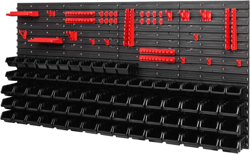 PAFEN Lagersystem - 1544 x 780 mm - Wandregal 75x Schwarz Stapelboxen und 38 stück Rot Werkzeughalte