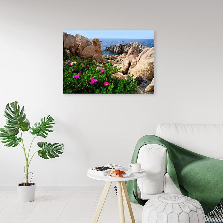 Febby Vlies Leinwandbild XXL Blumen Felsenufer 80x60 cm Wandbild Kunst Bilder Schlafzimmer Deko Wohn