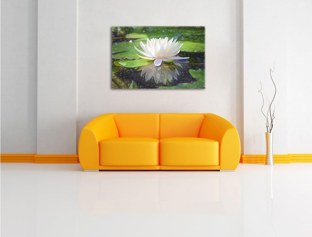 Pixxprint Weisse Lotusblume im Wasser / 100x70cm Leinwandbild bespannt auf Holzrahmen/Wandbild Kunst