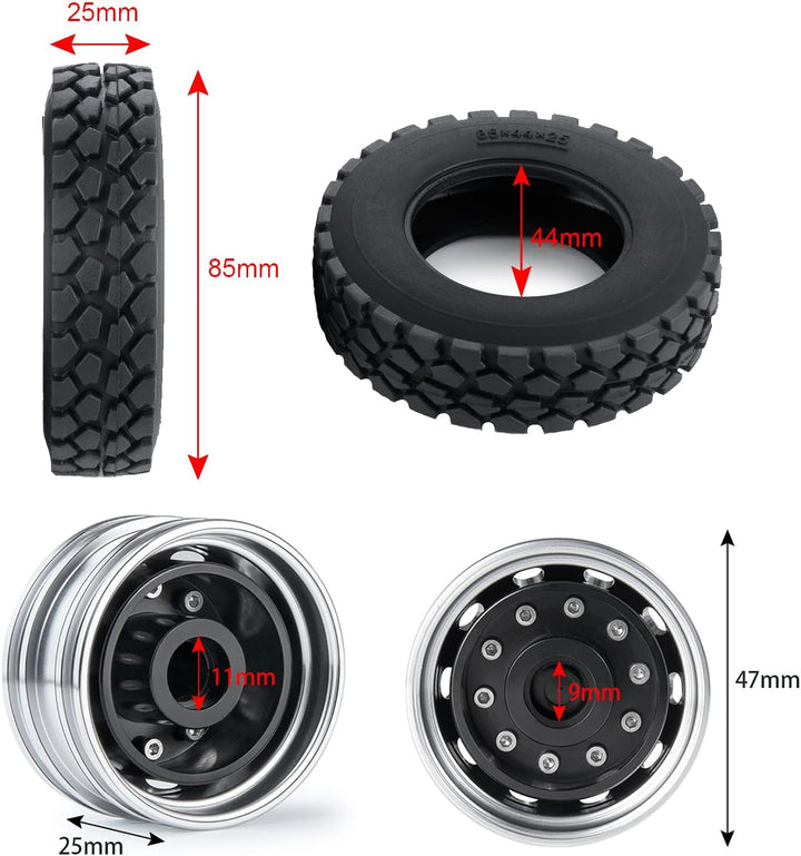 AXspeed 4 Stück Radreifen Felgen Set 1/14th Vorderfelgen mit Gummireifen für Tamiya Tractor Truck Cl