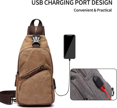 FANDARE Brusttasche Herren Schultertasche Sling Bag Rucksack mit USB Segeltuch Tasche Umhängetasche