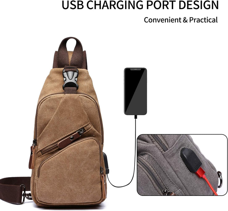 FANDARE Brusttasche Herren Schultertasche Sling Bag Rucksack mit USB Segeltuch Tasche Umhängetasche