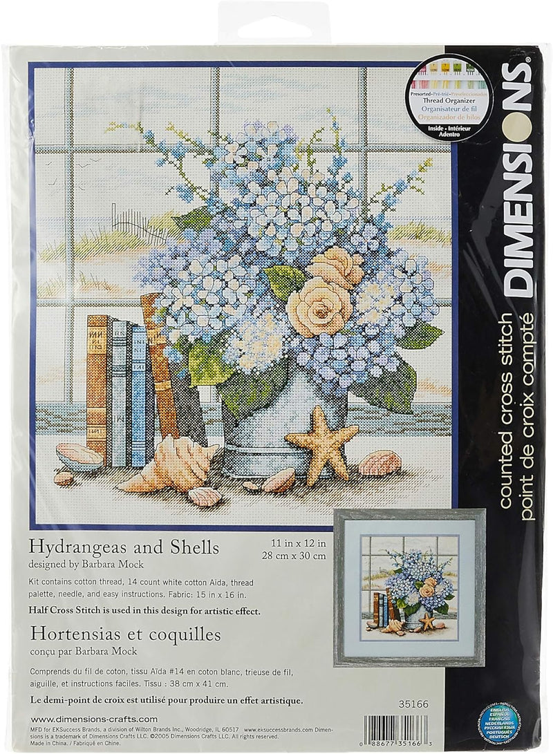 Dimensions Gezählter Kreuzstick Set, Hydrangeas and Shells, 12 in x 11 in Hortensien und Muscheln, H