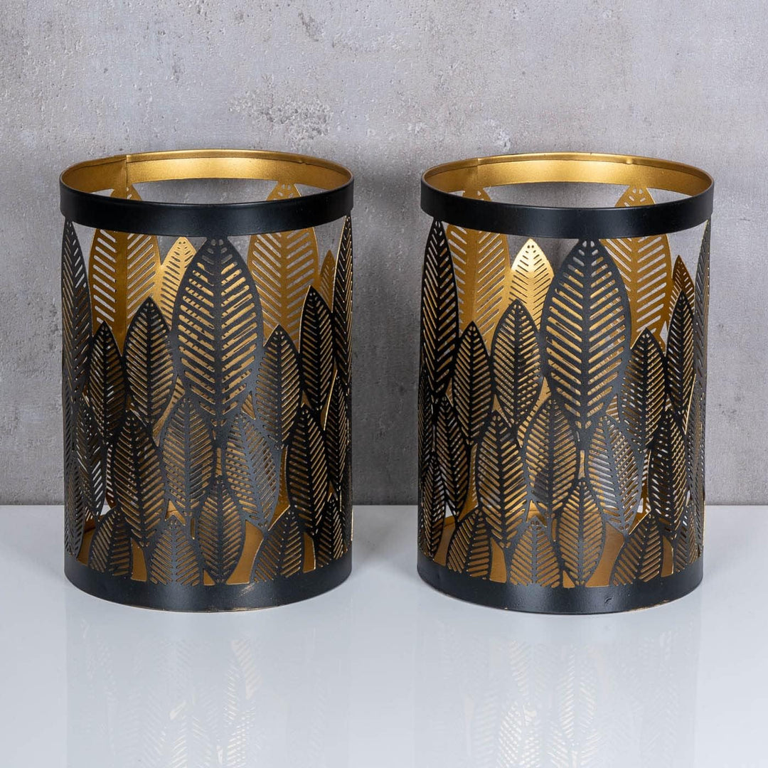 2er Set Windlicht 13x18cm Schwarz Gold Metall Teelichthalter Blattdekor Blumendekor Tischdeko Indust