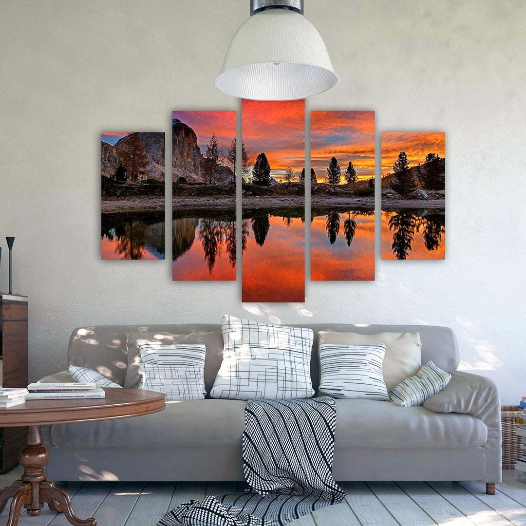 Bilder Landschaft 100x70 cm - Leinwandbild - 5 Teilig - Kunstdruck Berg See rot Leinwandbild 100x70