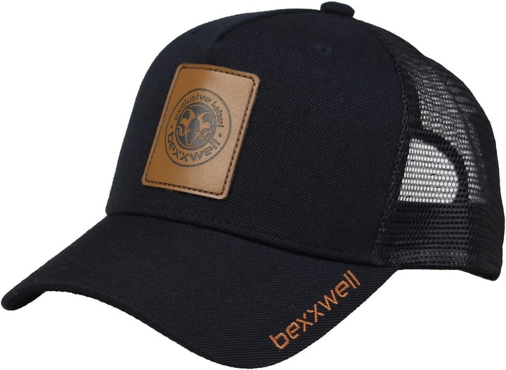 Bexxwell Trucker Cap schwarz mit Leder-Patch (optimale Passform, Kappe, Black, Truckercap, Logo, Cap