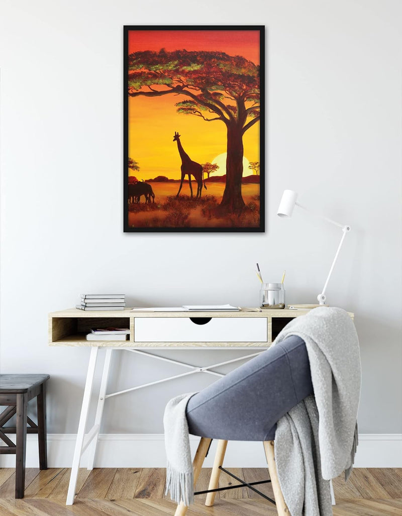 Generisch Savanne mit Wildtieren, Poster im Bilderrahmen / Format: 100x70cm / Kunstdruck gerahmt, 10