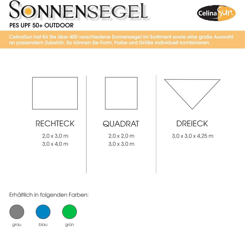 CelinaSun Sonnensegel PES UPF 50+ Outdoor Rechteck 3 x 4m grün Sonnendach Backpacking Zeltplane Ultr