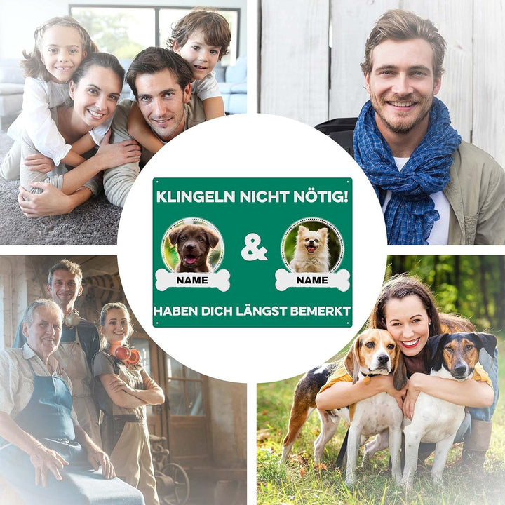 Hunde Schild personalisiert - Klingeln nicht nötig - Metallschild mit Foto und Name für aussen, wett