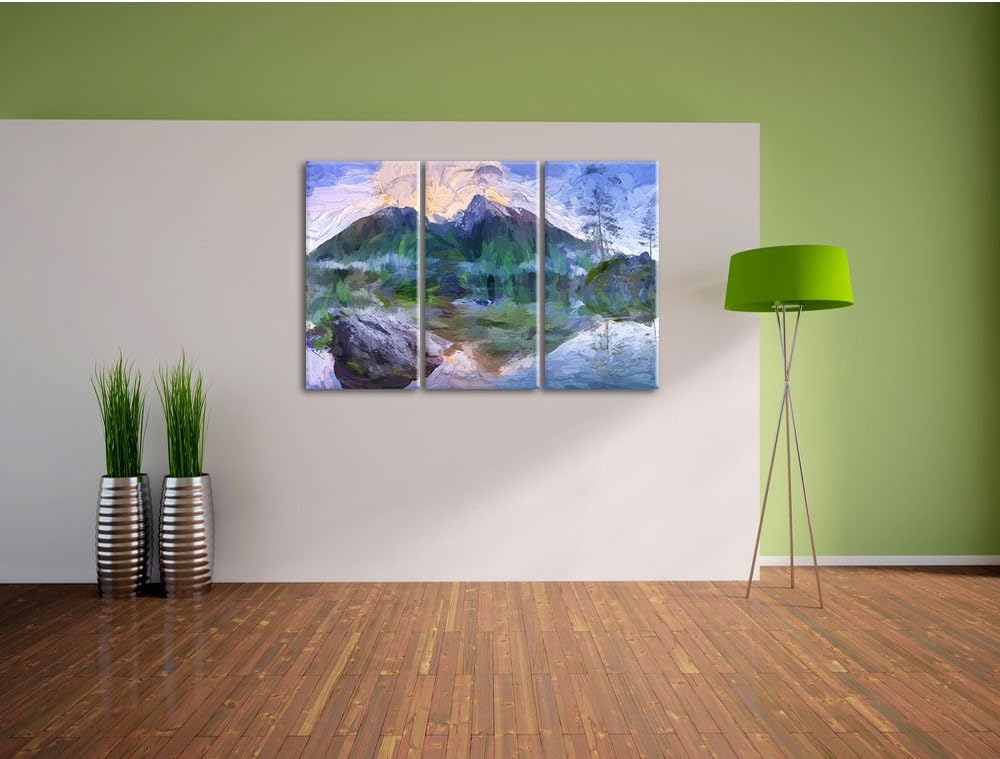 Pixxprint Sonnenaufgang am Hintersee Kunst / 3-Teilig/Gesamtmass 120cm Leinwandbild bespannt auf Hol