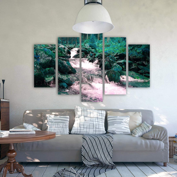 Bilder Fluss 150x100 cm - Leinwandbild 5 Teilig XXL Kunstdruck Natur Wald grün Leinwandbild XXL 150x