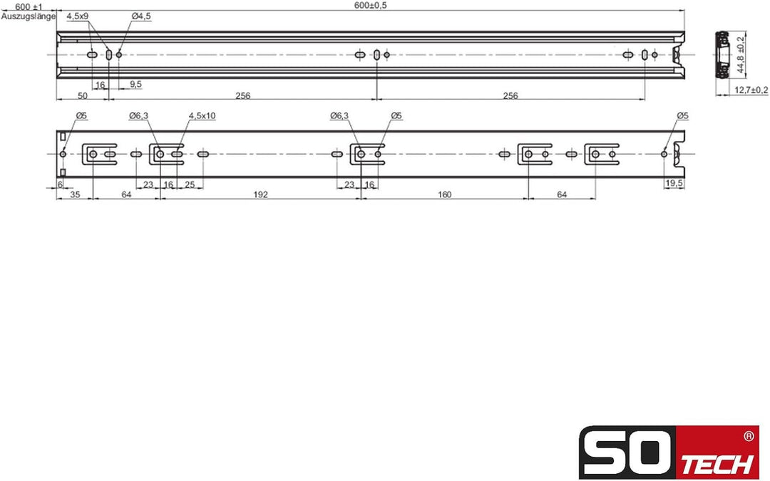 SOTECH 4 Paar (8 Stück) Vollauszüge KV1-45-H45-L600-NF 600 mm (eingeschoben) Schubladenauszug kugelg