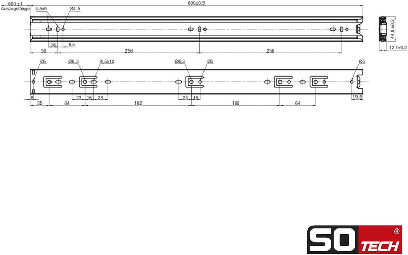 SOTECH 4 Paar (8 Stück) Vollauszüge KV1-45-H45-L600-NF 600 mm (eingeschoben) Schubladenauszug kugelg