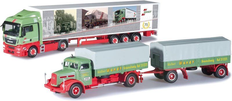 herpa 303606 - Set mit Zwei Modellen, 75 Jahre Spedition Wandt, rot/grün/grau