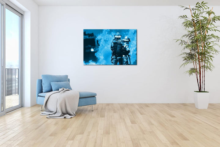 deyoli Feuerwehrmänner mit Flammen Format 80x60 Effekt: Monocrome Blau als Leinwandbild, Motiv ferti