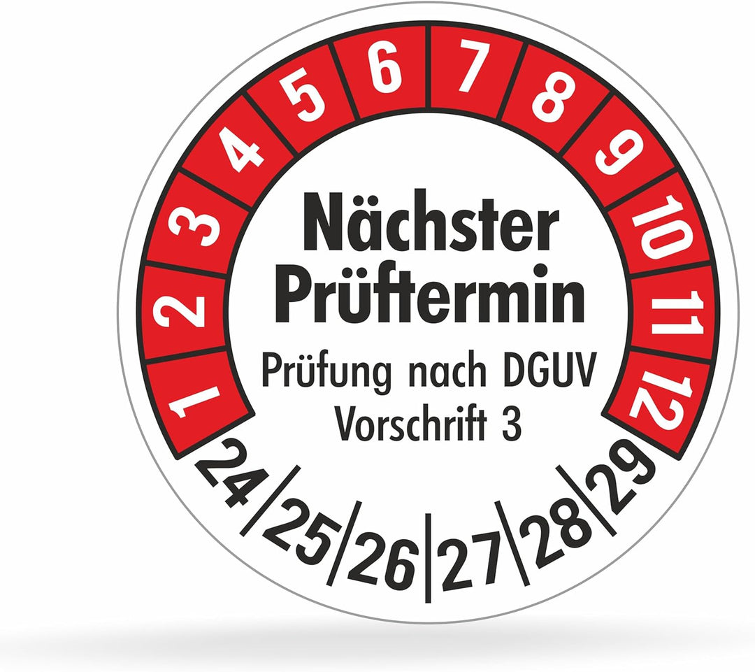 560 Prüfplaketten 20mmØ DGUV V3 "Nächster Prüftermin" 2024-2029, selbstklebend, Prüfaufkleber, E-Che