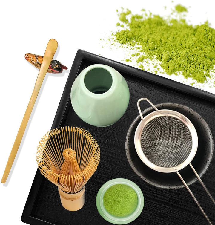 Artcome Japanese Matcha Tea Set, Matcha Whisk, Traditional Scoop, Matcha Bowl, Black Bamboo Tray, Ce