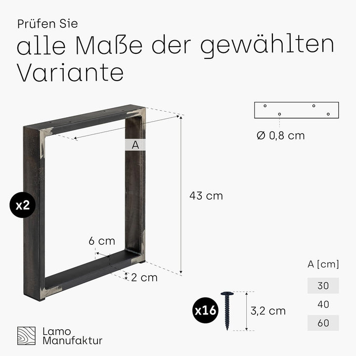LAMO Manufaktur Tischbeine für Sitzbank, Couchtisch, Beistelltisch, Simple Light, Vierkantprofil 60x