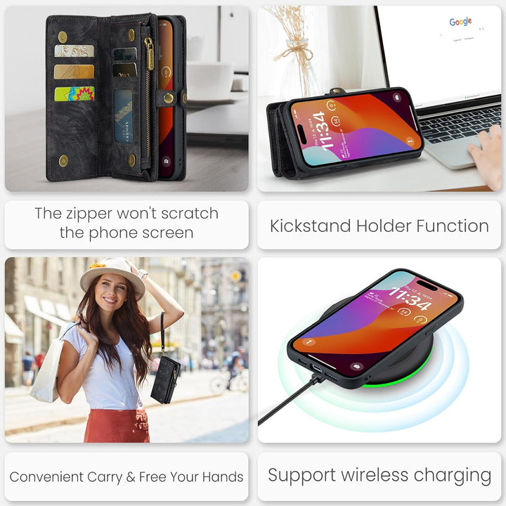 UFinetech für iPhone 15 Pro Hülle, Flip Leder TPU Stossfest Kartenfach Tasche Handyhülle für iPhone