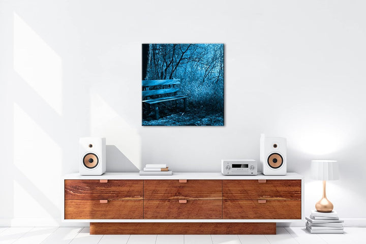 deyoli einsame Bank im Wald Format: 60x60 Effekt: Monocrome Blau als Leinwandbild, Motiv fertig gera