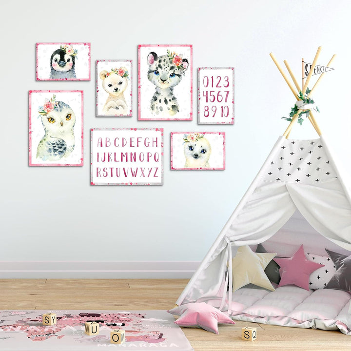 Novart Wandbilder Tiere - KOMPLETT AUFHÄNGFERTIG - Rosa Kinderzimmer Mädchen- 7 Moderne Mood-Bilder