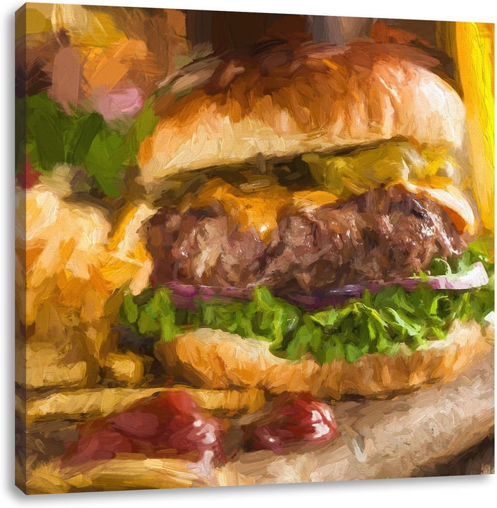Pixxprint Saftiger Chili Cheese Burger als Leinwandbild | Grösse: 70x70 cm | Wandbild | Kunstdruck |