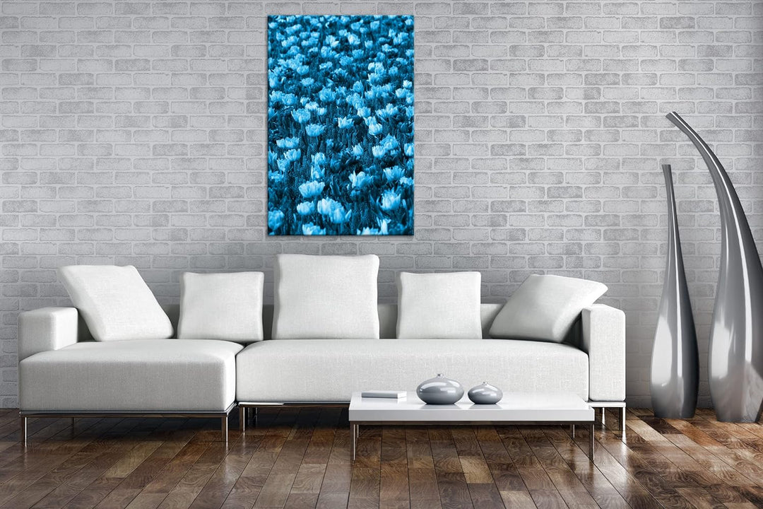 deyoli buntes Blumenfeld Format 80x60 Effekt: Monocrome Blau als Leinwandbild, Motiv fertig gerahmt