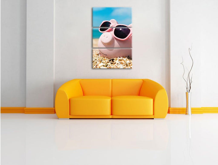 Pixxprint Schweinchen am Strand 3-Teiler Leinwandbild 120x80 Bild auf Leinwand