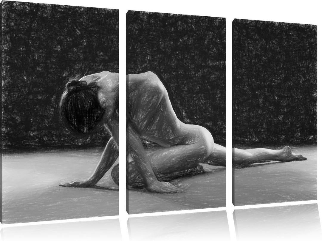 Pixxprint Schöne sexy Frau Macht Yoga Kunst Buntstift Effekt 3-Teiler Leinwandbild 120x80 Bild auf L