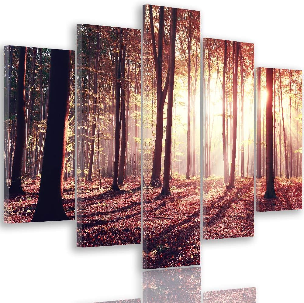 Feeby Wandbild XXL 5 Teilig Landschaft Leinwandbild Bäume Sonnenuntergang rot 300x140 cm Leinwandbil