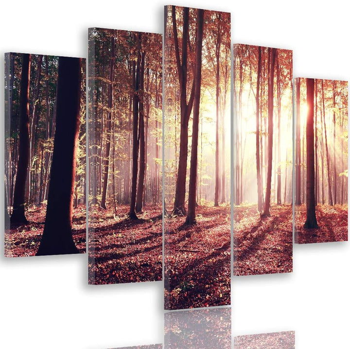 Feeby Wandbild XXL 5 Teilig Landschaft Leinwandbild Bäume Sonnenuntergang rot 300x140 cm Leinwandbil