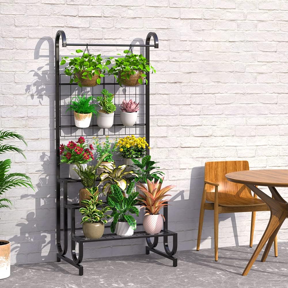 Bomclap Pflanzenregal mit Rankgitter, 3 Ebenen Blumenregal Pflanzenständer aus Metall, Heavy duty Bl