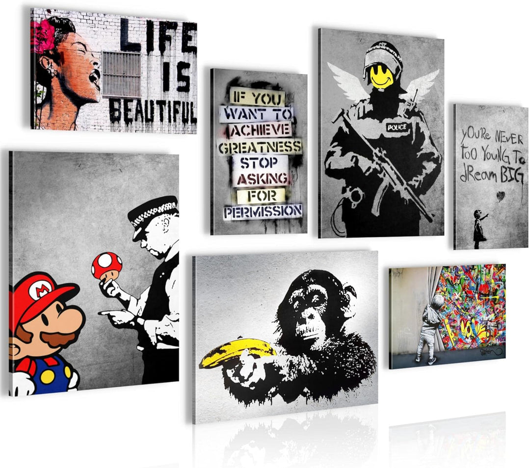 Novart Wandbilder Banksy Collage - KOMPLETT AUFHÄNGFERTIG - Street Art Wohnzimmer Büro- 7 Moderne Mo