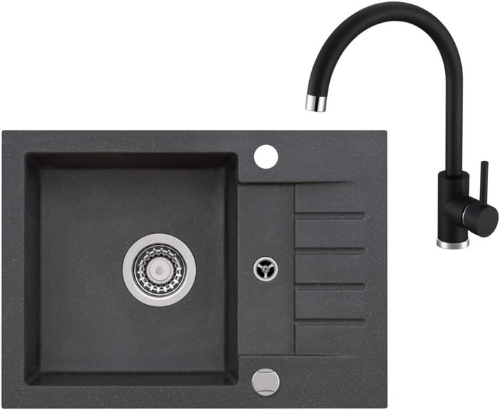 VBChome Spüle Schwarz 58 x 42 cm Spültischarmatur Granit Einzelbecken Einbauspüle gesprenkelt revers
