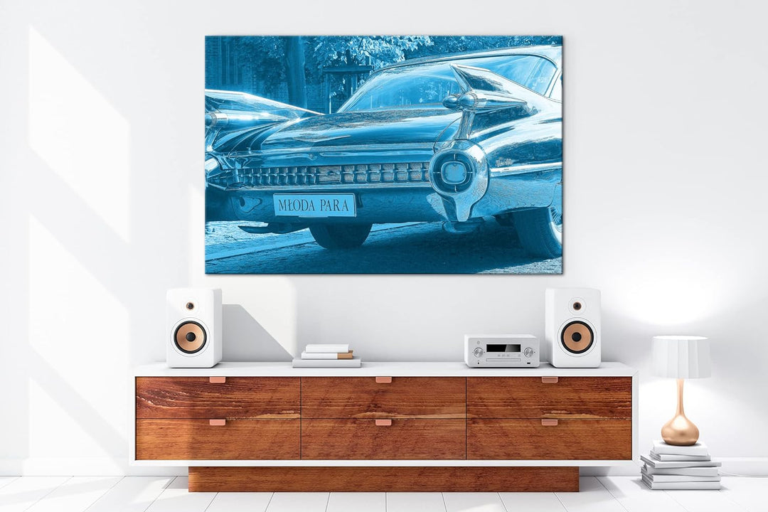 deyoli Amerikanischer Oldtimer Format 80x60 Effekt: Monocrome Blau als Leinwandbild, Motiv fertig ge