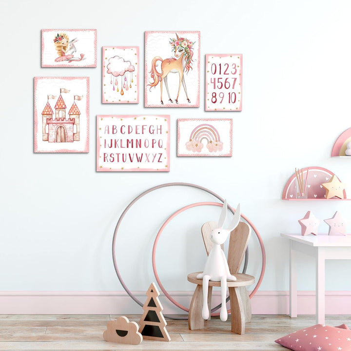 Novart Wandbilder Einhorn  - KOMPLETT AUFHÄNGFERTIG - Rosa  Kinderzimmer Mädchen- 7 Moderne Mood-Bil