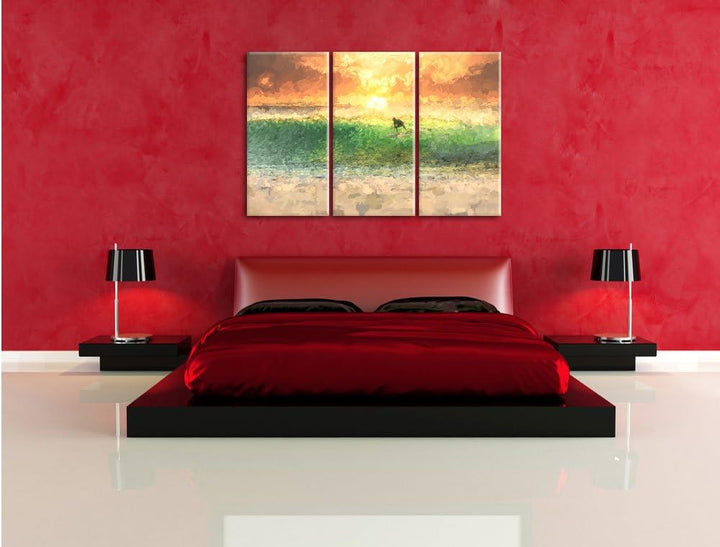 Pixxprint Surfen im Sonnenuntergang als Leinwandbild/Grösse: 3 Teilig (120x80 cm) cm/Wandbild/Kunstd