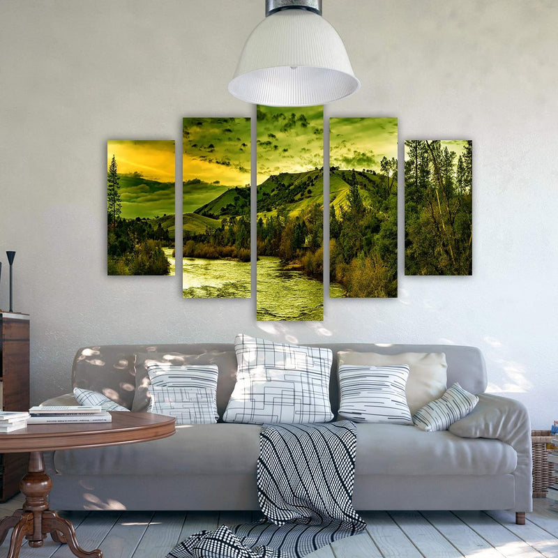 Bilder Natur 250x120 cm - Leinwandbild 5 Teilig XXL Kunstdruck Fluss Wald grün Leinwandbild XXL 250x
