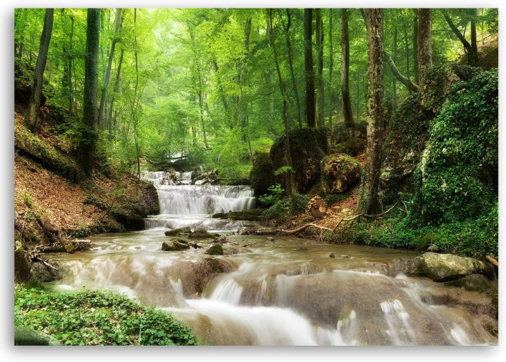 Febby Vlies Leinwandbild XXL Waldbach Kaskade 80x60 cm Wandbild Kunst Bilder Schlafzimmer Deko Wohnz
