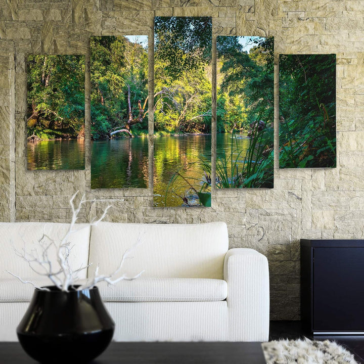 Bilder 5 Teilig Landschaft Deco Panel Kunst Wald Bäume Wasser grün 100x70 cm Deco panel 100x70 cm G,