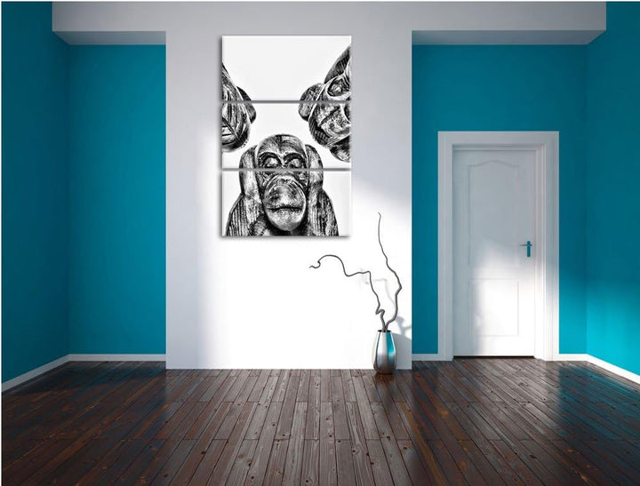 Pixxprint Monocrome, Nichts hören, Nichts sehen, Nichts Sagen, Skelette 3-Teiler Leinwandbild 120x80